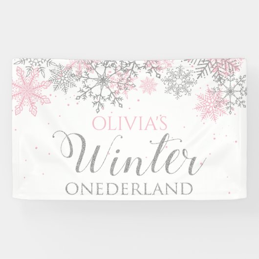 Winter Eenderland Roze Zilver Sneeuw Eerste Verjaa Spandoek (Horizontaal)