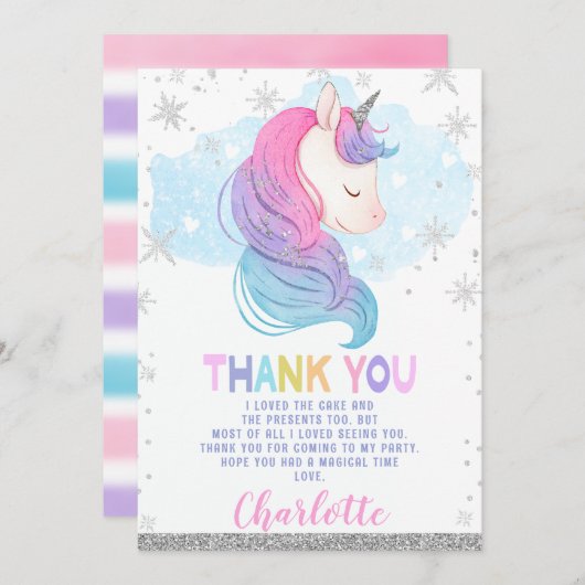 Winter eenhoorn regenboog verjaardag dank u kaart (Voorkant / Achterkant)