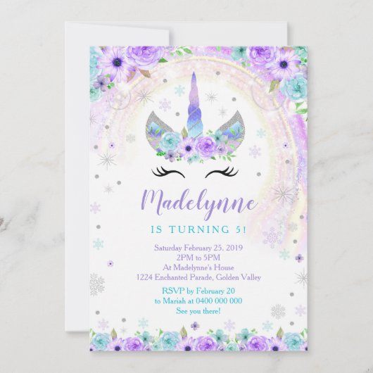 Winter Eenhoorn Uitnodiging - Eenhoorn Sneeuwvlokk (Voorkant)