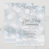 Winter Eerste Heilige Communie Zilver Confetti Inv Kaart (Voorkant / Achterkant)
