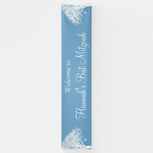 Winter eik boom blauw wit vleermuis mitswa spandoek (Verticaal)