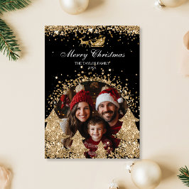 Winter Elegant Gouden Glitter Kerstboom Foto Kaart