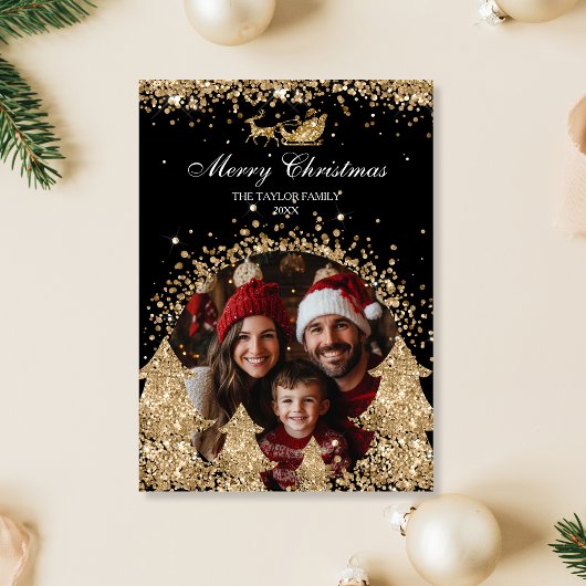 Winter Elegant Gouden Glitter Kerstboom Foto Kaart