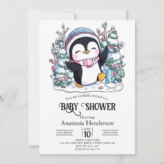 Winter Elegant Penguin Baby shower Kaart (Voorkant)