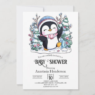 Winter Elegant Penguin Baby shower Kaart