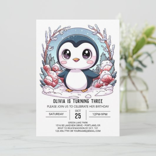 Winter Elegant Penguin Digitale Verjaardag Kaart (Staand voorkant)