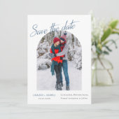 Winter Elegante Foto Dusty Blue Kalligrafie Save The Date (Staand voorkant)