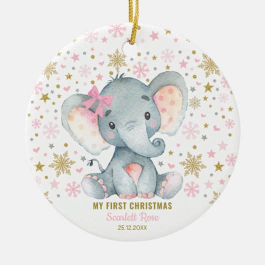 Winter Elephant 1e Kerstmis Snowflake Baby Girl Keramisch Ornament (Voorkant)