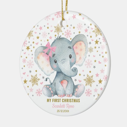 Winter Elephant 1e Kerstmis Snowflake Baby Girl Keramisch Ornament (Links)