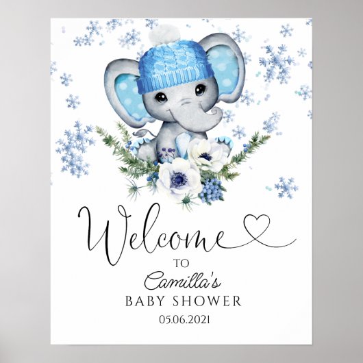 Winter Elephant Baby shower Welkom Poster (Voorkant)