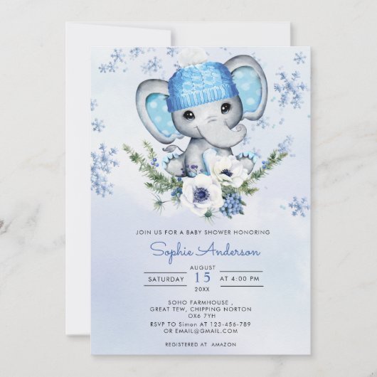 Winter Elephant Snowflake Baby shower Kaart (Voorkant)