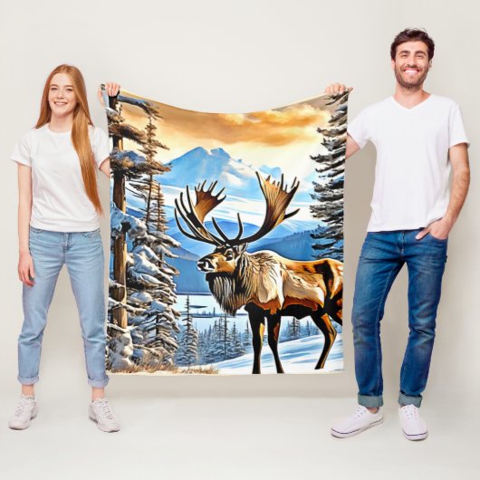 Winter Elk Majesty Design Fleece Deken (In situ)
