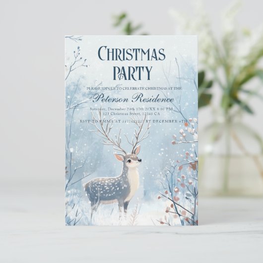 Winter en rendier licht blauw kerstfeest kaart (Staand voorkant)