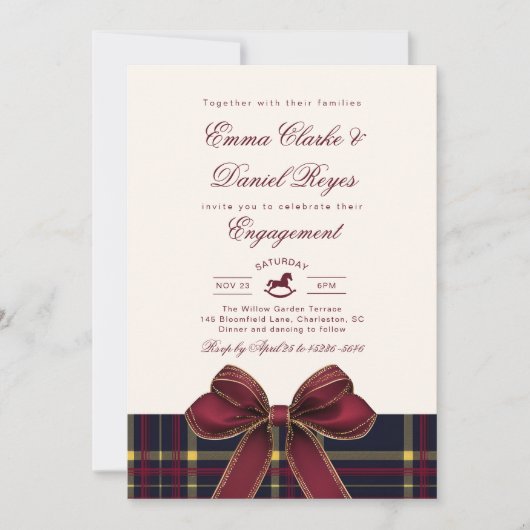 Winter Engagement party Christmas Plaid Red Bow Kaart (Voorkant)