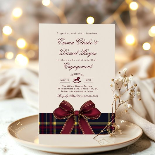 Winter Engagement party Christmas Plaid Red Bow Kaart