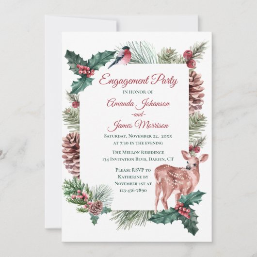 Winter Engagement Party Red Kerstbruiloft Deer Kaart (Voorkant)
