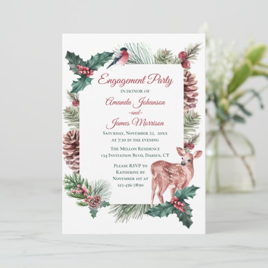 Winter Engagement Party Red Kerstbruiloft Deer Kaart (Staand voorkant)