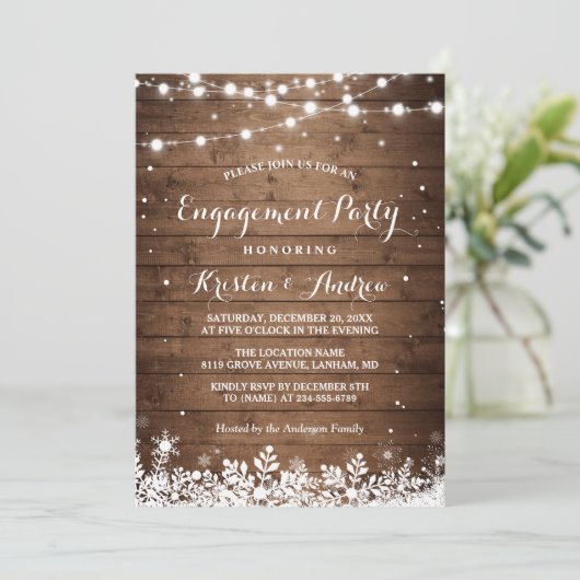 Winter Engagement Party Snowflakes String Lights Kaart (Staand voorkant)
