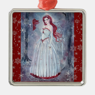 Winter engel met kardinaal kerstornament metalen ornament