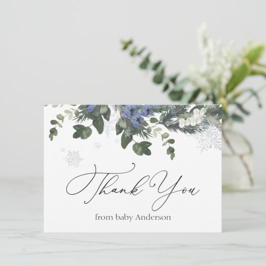 Winter Evergreen Blauwe Baby Shower Dankjewel Bedankkaart (Staand voorkant)