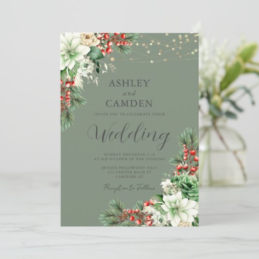 Winter Evergreen Bloemen Smaragd Groene Bruiloft Kaart (Staand voorkant)