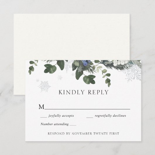 Winter Evergreen Blue Weddenschap RSVP Kaart (Voorkant / Achterkant)