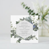 Winter Evergreen Blue Wedding Invitation Kaart (Staand voorkant)