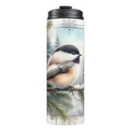 Winter Evergreen Chickadee Bird Waterverf Tumbler Thermosbeker