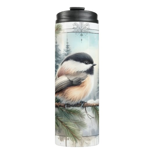 Winter Evergreen Chickadee Bird Waterverf Tumbler Thermosbeker (Voorkant)