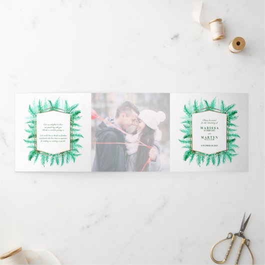 Winter evergreen dennenfoto winter bruiloft groen drieluik programma (Buitenkant)