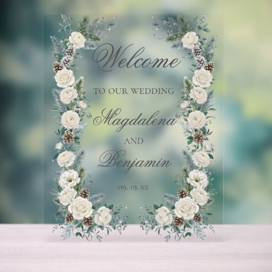 Winter Evergreen Dennenhout Witte Rozen Bloemstuk Acryl Bord (Neutraal)