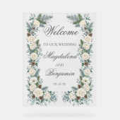 Winter Evergreen Dennenhout Witte Rozen Bloemstuk Acryl Bord (Voorkant)