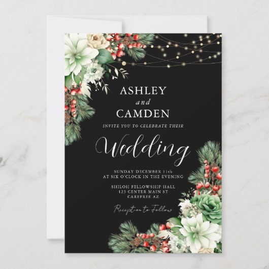 Winter Evergreen en bessen Zwart Bruiloft Kaart (Voorkant)