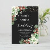 Winter Evergreen en bessen Zwart Bruiloft Kaart (Staand voorkant)