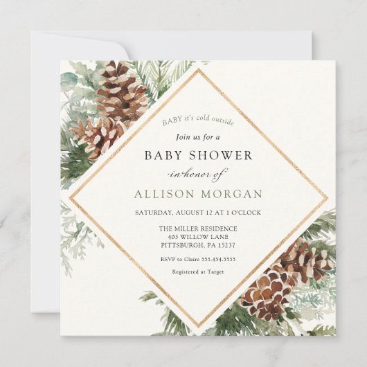 Winter Evergreen en Pine Baby shower Invitation Kaart (Voorkant)