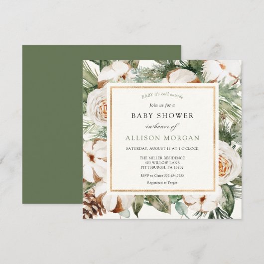 Winter Evergreen en Pine Baby shower Invitation Kaart (Voorkant / Achterkant)