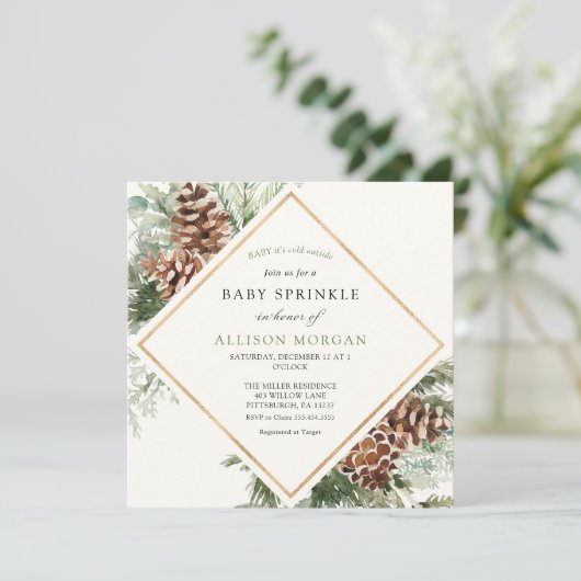 Winter Evergreen en Pine Baby Sprinkle Kaart (Staand voorkant)