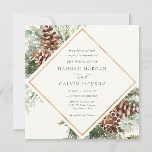 Winter Evergreen en Pine Wedding Invitation Kaart (Voorkant)