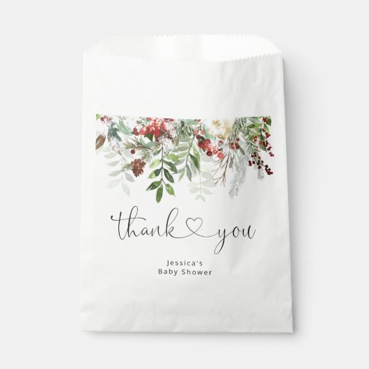Winter evergreen feestelijk gebladerte baby shower bedankzakje (Voorkant)