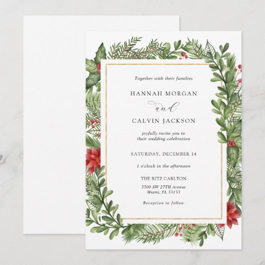 Winter Evergreen Gold Lijst bruiloft Kaart (Voorkant / Achterkant)