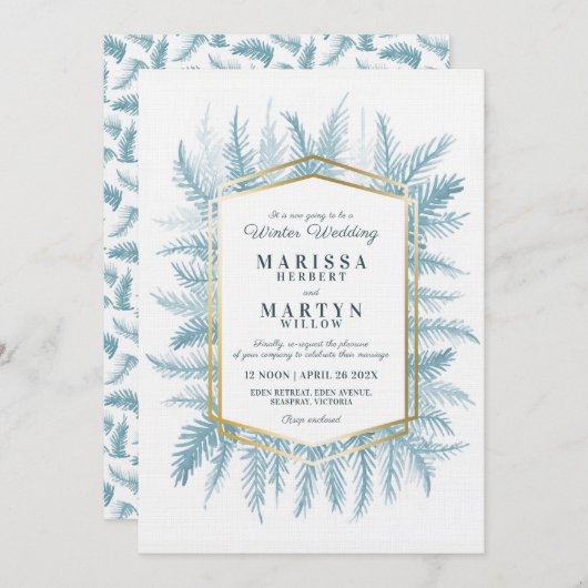 Winter evergreen kunst blauw herschikt bruiloft kaart (Voorkant / Achterkant)