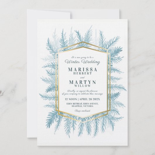 Winter evergreen kunst blauw herschikt bruiloft kaart (Voorkant)