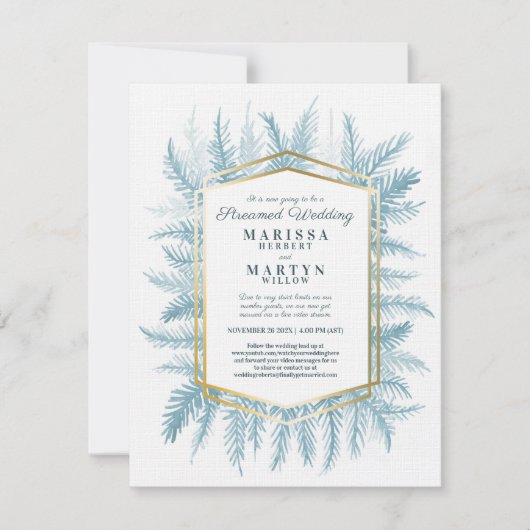 Winter evergreen kunst blauwe stream bruiloft kaart (Voorkant)