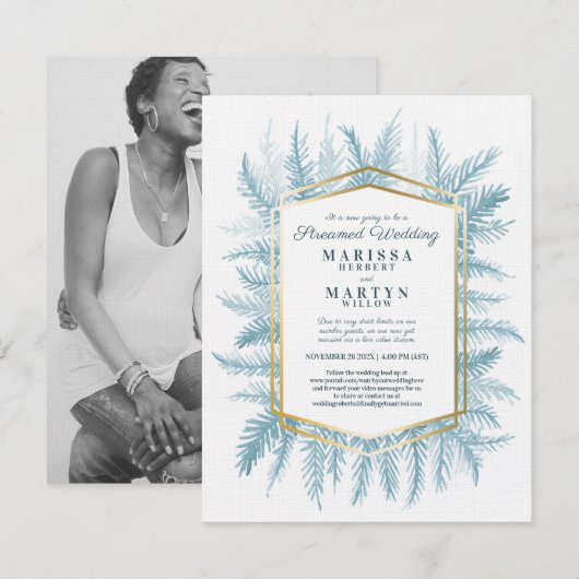 Winter evergreen kunst blauwe stream bruiloft kaart (Voorkant / Achterkant)