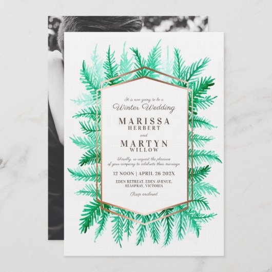 Winter evergreen kunst groen herschikt bruiloft kaart (Voorkant / Achterkant)