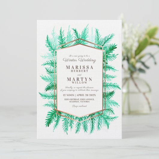 Winter evergreen kunst groen herschikt bruiloft kaart (Staand voorkant)
