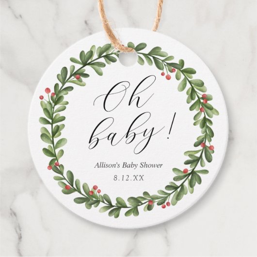 Winter Evergreen Oh Baby shower Bedankjes Labels (Voorkant)
