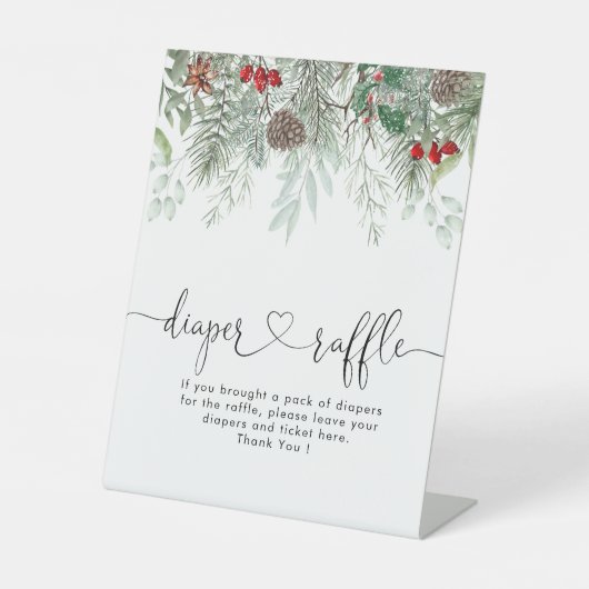 Winter Evergreen Pine Baby shower Diaper Raffle Reclamebord Met Voetstuk (Voorkant)