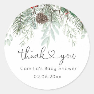 Winter Evergreen Pine Baby shower Ronde Sticker