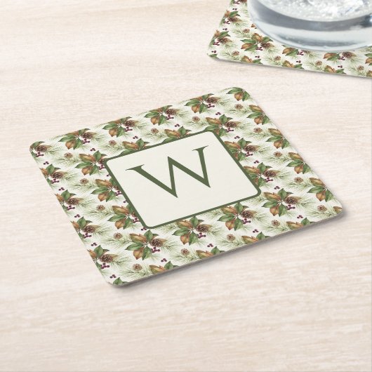 Winter Evergreen Pinecone Botanical Monogram Kartonnen Onderzetters (Schuin)